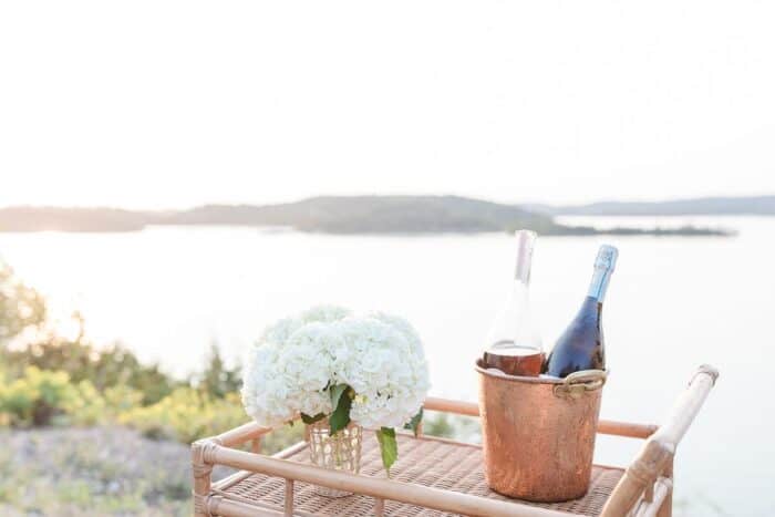 一个小竹棒车设置了鲜花和葡萄酒在户外用餐