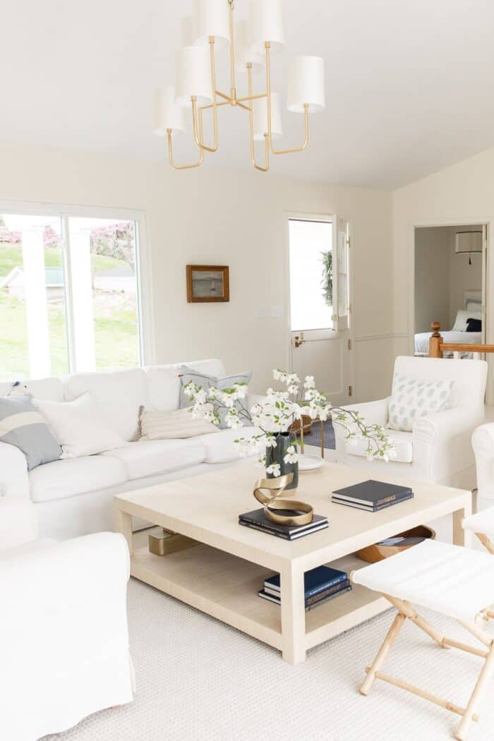 沿海现代客厅家具以白色和黄铜吊灯。